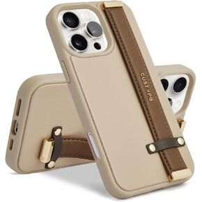 CUSTYPE for iPhone 16 Case with Adjustable Wristband Strap Kickstand, Hand Strap Grip Loop Leather Case,Shockproof Protection Cover for Women for iPhone 16 6.1 inch-Brown