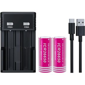 26650 Rechargeable Battery 3.7Volt Flat Top 6800mAh High Capacity for Led Flashlight Headlamp(2 Pack,26650 Battery+Charger)