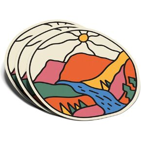 (3Pcs) Beautiful Mountain Landscape Round Sticker Adventure Nature Decal Waterproof Vinyl Stickers Adult for Laptop Kindle Car Tumbler Water Bottle Mug Phone Notebook Helmet Bike Mug - Size 3"x3"
