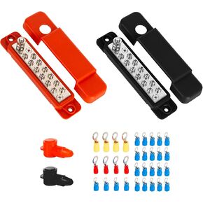 BlueStars 2 Packs Bus Bar 12-48V DC 180A, 12 Terminal Power Distribution Block with 32 Wire Lugs - Battery Junction Post for Car Golf Cart RV Boat Solar Cell - Positive & Negative, Stainless Steel
