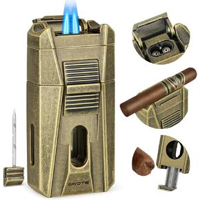 Cigar Lighter with Double Jet Flame, Refillable Cigar Torch Lighter with Cigar Holder, V-Cigar Cutter, Cigar Draw Enhancer, Cigar Butane Lighter for Cigar Lovers, Butane not Include