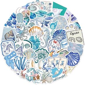50Pcs Aesthetic Blue Ocean Stickers Pack, Waterproof Vinyl Funny Decals for Luggage, Journal, Laptop, Kindle, Scrapbook, Skateboard, Water Bottle, Bumper, Graffiti Anime Ocean Stickers