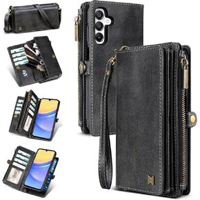 حافظة محفظة فائقة لهاتف Samsung Galaxy S24 (تحمل أحمر الشفاه وسماعات الرأس وما إلى ذلك)، حافظة هاتف جلدية صناعية مغناطيسية متعددة الوظائف محمولة مع حجب RFID وحزام الكتف وحزام المعصم (أسود) in Saudi Arabia