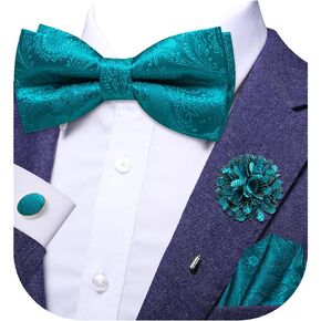 Dubulle Mens Bowtie and Lapel Pin Set Paisley Floral Pretied Bowtie with Pocket Square Cufflinks
