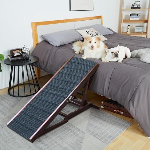 Dog Ramp for Bed, Adjustable Pet Ramp for Couch, 47.2" Length Dog Ramp for High Bed, Wooden Folding Portable Dog car ramp Non Slip Carpet Surface 4 Adjustable Height 0"-24" (Warm White, 40cm Width) in Saudi Arabia