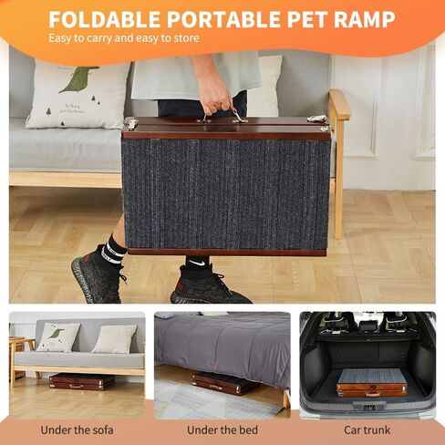 Dog Ramp for Bed, Adjustable Pet Ramp for Couch, 47.2" Length Dog Ramp for High Bed, Wooden Folding Portable Dog car ramp Non Slip Carpet Surface 4 Adjustable Height 0"-24" (Warm White, 40cm Width) in Saudi Arabia