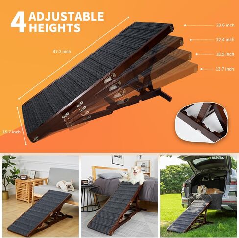 Dog Ramp for Bed, Adjustable Pet Ramp for Couch, 47.2" Length Dog Ramp for High Bed, Wooden Folding Portable Dog car ramp Non Slip Carpet Surface 4 Adjustable Height 0"-24" (Warm White, 40cm Width) in Saudi Arabia