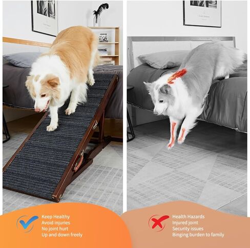 Dog Ramp for Bed, Adjustable Pet Ramp for Couch, 47.2" Length Dog Ramp for High Bed, Wooden Folding Portable Dog car ramp Non Slip Carpet Surface 4 Adjustable Height 0"-24" (Warm White, 40cm Width) in Saudi Arabia