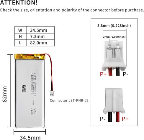 EEMB 3.7V Lipo Battery 950mAh 503450 Lithium Polymer ion Battery Rechargeable Lithium ion Polymer Battery with JST Connector Make Sure Device Polarity Matches with Battery Before Purchase in Kuwait