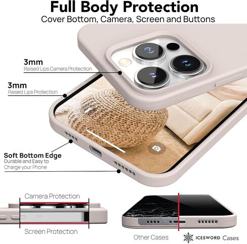 IceSword Compatible with iPhone 14 Pro Max Case Stone, Liquid Silicone Case Phone Cover Slim Protective, Soft Anti-Scratch Light Beige Tan Cream Warm Sand [Shockproof] 6.7 inch 14PM- Stone in Kuwait