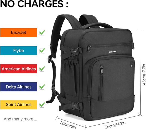 حقيبة ظهر للسفر Omnpak مقاس 18 × 14 × 8، حقيبة أدوات شخصية من شركة Spirit Airlines مع حجرة للأحذية، حقيبة ظهر للكمبيوتر المحمول مقاس 17 بوصة للرجال معتمدة من شركة الطيران، تحمل الأمتعة مع جيب مبلل، أسود in Kuwait