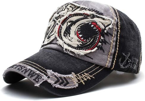Men's Oilcloth Front Decor Washed Distressed Embroidery Baseball Cap Driver Trucker Hat with Eagle & Shark Patch in Saudi Arabia