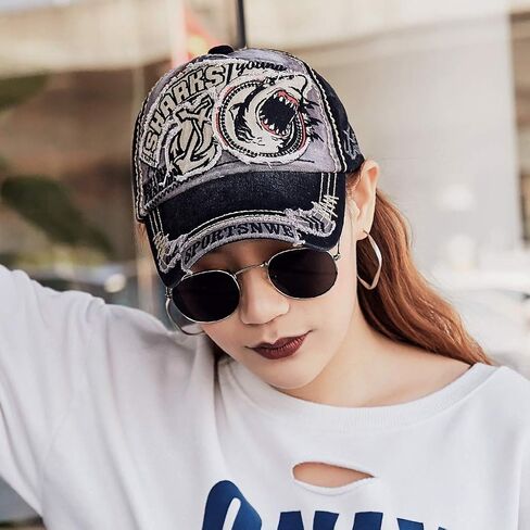 Men's Oilcloth Front Decor Washed Distressed Embroidery Baseball Cap Driver Trucker Hat with Eagle & Shark Patch in Saudi Arabia