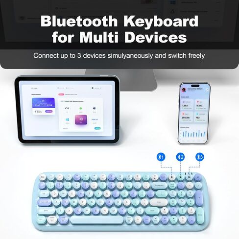 لوحة مفاتيح بلوتوث لاسلكية، لوحة مفاتيح كاتبة بلوتوث صغيرة 100 مفتاح لأجهزة Mac iPad iPhone PC والكمبيوتر المحمول وAndroid، 3 أجهزة في وقت واحد، لوحة مفاتيح مستديرة ملونة ذات أغطية مفاتيح (أرجواني) in Saudi Arabia