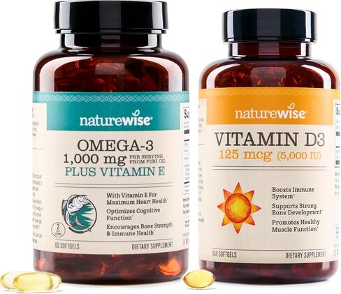 NatureWise Extra-Strength Omega 3 Fish Oil Supplement - 1000mg per Serving - 600 EPA & 400 DHA and Vitamin E - Support for Heart & Brain Health - Lemon Flavor, Non-GMO - 60 Softgels[1-Month Supply] in Kuwait