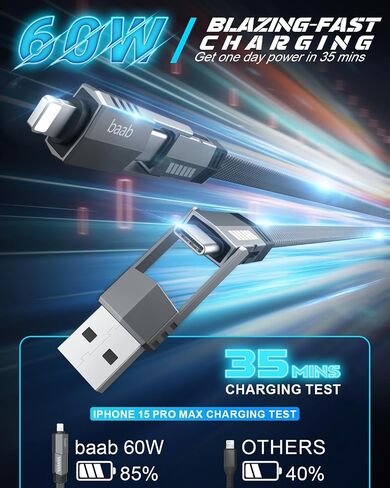 كابل USB C، [سلسلة Baab] 4 في 1 100 واط USB C إلى USB C كابل 3.3 قدم سلك شحن سريع مضفر من النايلون المسطح مع مجموعة نقل البيانات L/Type C/USB A منفذ لجهاز iPhone iPad MacBook in Saudi Arabia