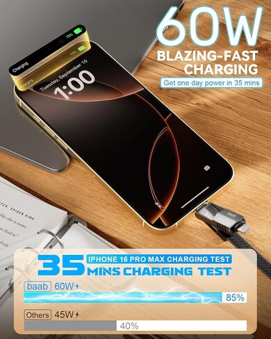 كابل USB C، [سلسلة Baab] 4 في 1 100 واط USB C إلى USB C كابل 3.3 قدم سلك شحن سريع مضفر من النايلون المسطح مع مجموعة نقل البيانات L/Type C/USB A منفذ لجهاز iPhone iPad MacBook in Saudi Arabia