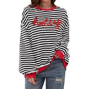JINTING عيد الميلاد البلوز للنساء عيد الميلاد هوديي هولي مخطط البلوز طويلة الأكمام Crewneck قميص