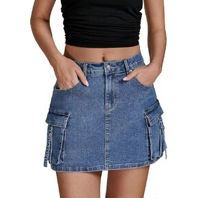 luvamia Jean Skirts for Women Denim Stretchy Cargo High Waisted Trendy Y2K Mini Skirt with Utility Pockets