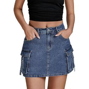 Luvamia جان التنانير للنساء الدنيم بسط البضائع عالية الخصر العصرية Y2K تنورة صغيرة مع جيوب فائدة in Kuwait