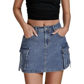 luvamia Jean Skirts for Women Denim Stretchy Cargo High Waisted Trendy Y2K Mini Skirt with Utility Pockets
