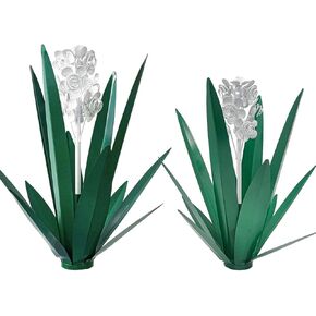 Metal Agave Plant Garden Art, 2 Pack Tequila Rustic Sculpture, Rustic Metal Agave Plants Garden Lawn Home Ornaments, for Yard Stakes, Garden Figurines, Outdoor Patio (2 PCS White Flowers)