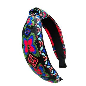 Boho Ethnic Wind Knotted Headbands Handmade Embroidered Blue Headbands Non-slip Elastic Vacation Headband for Women