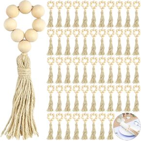 Supkiir 70Pcs Wood Bead Napkin Rings, Boho Napkin Rings Bulk with Tassel, Natural Wooden Handmade Rustic Napkin Rings for Tabletop Dining Party Wedding Gathering Christmas Farmhouse Decoration