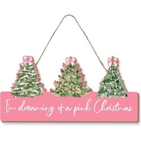 MOTERMATE Pink Pastel Bow Christmas Tree Sign Decor, I'm Dreaming of A Pink Christmas Front Door Decor, Preppy Pink Bow Room Wall Hanging Decor for Teen Girls, Pink Christmas Ornaments, 12x6 Inches