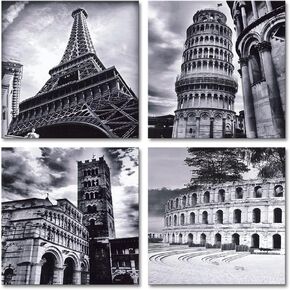 Wieco Art Framed Wall Art Architectures Modern 4 Panels Giclee Canvas Prints Europe Buildings Black and White Landscape Canvas Wall Art Black Picture Frames for Home Office Decorations