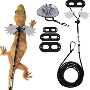 Bearded Dragon Lizard Leash Harness, Adjustable Lizard Leash Accessories Winged Bearded Dragon Rope with Hat and 3 Sizes Leather Harness for Lizard Chameleon Amphibian