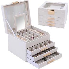Jewelry Box for Women,White Jewelry Box Case,Glass Jewelry Box,4-Layer Large Jewelry Organizer Box with 3 Drawers for Necklaces Rings Earrings Bracelets(9.1x7.9x6.6inch)