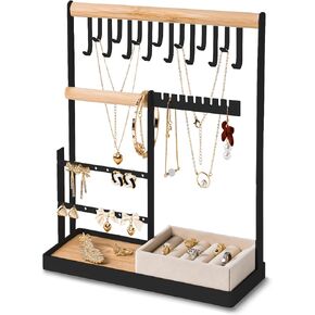Jewelry Organizer Stand with Velvet Ring Holder, 4 Tier Jewelry Holder Organizer with 15 Hooks Necklace Organizer and Watch Bracket Holder, Jewelry Stand with 17 Holes for Earring Holder, Blue