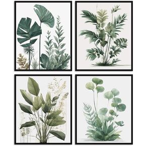 Floral Prints and Plant Posters Botanical Prints Wall Art Set of 4 Unframed (8''x10'') Green Wall Art Collection Set Plant Pictures Wall Art Leaves Paintings For Wall Minimalist Wall Art