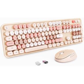 Wireless Keyboard and Mouse Combo, Retro Typewriter Keyboard with Round Keycaps, Full-Size Ergonomic, Blue, Ideal for Windows PC, Home, Office, and College, Wireless Keyboard Mouse Combo