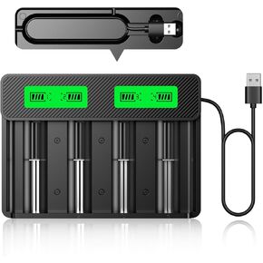 HiQuick 18650 Battery Charger AA AAA C D with Built-in USB Cable, Universal Charger for 3.7V Lithium-ion 21700 14500 26650 18350 16340 10440 17500 and 1.2V Ni-MH Ni-CD Rechargeable Batteries, 4 Bay