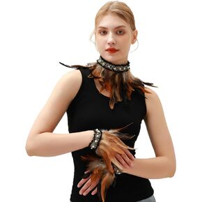 Glamorous Pearl Feather Neckwear & Cuffs Set for Elegant Special Halloween Costume Accessory 6 Color Option