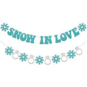 Pre-Strung Snow in Love Banner - Winter Bridal Shower Party Decorations, Snowflake Ring Garland for Winter Engagement Wedding Party Decorations Blue Silver Glitter