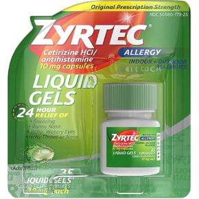 Zyrtec 24 HR Indoor & Outdoor Allergy Liquid Gels Capsules, Cetirizine HCI Antihistamine, 25 ct (Pack of 2)