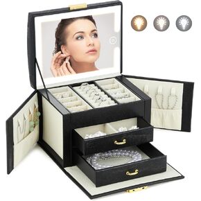 Jewelry Box with LED Mirror, 3-Tier Jewelry Storage Organizer with 2 Drawers, PU Surface, Gift for Women Girls Display for Earrings Bracelets Rings Watches (Black)