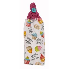 Handcrafted Pink Crochet Topped Valentines Cupcakes Kitchen Towel