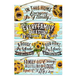 Rustic Wooden Wall Decor – 4-Pack Real Wood Signs with Twine Rope Hangers – 12x4 Inch Farmhouse Sunflower Inspirational Quotes for Home, Kitchen, Living Room, or Entryway – Perfect Rustic Gift