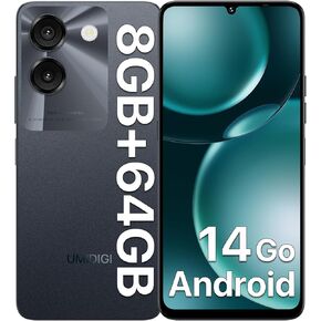 هاتف UMIDIGI G9A الخلوي، هاتف Android 14 Go غير مقفل، 8 جيجابايت + 64 جيجابايت/TF 1 تيرابايت، ثماني النواة، بطاقة SIM مزدوجة 4G، مقبس سماعة رأس 3.5 ملم، 6.75 بوصة HD + شاشة AI Face فتح هاتف Android، 5000 مللي أمبير، نظام تحديد المواقع (أسود)