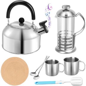 YOTINO Tea Kettle and French Press Coffee Maker 8pcs Set 3L Whistling Tea Kettle Stovetop 350Ml French Press Stainless Steel Mugs Stainless Steel Spoons Sponge Brush Hot Pad For Tea Coffee