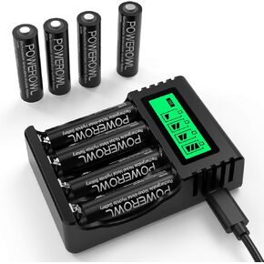 بطاريات AA قابلة لإعادة الشحن من POWEROWL مع شاحن، سعة عالية 2800 مللي أمبير في الساعة، تفريغ ذاتي منخفض Ni-MH بطارية مزدوجة لحزمة بطاريات وحدة تحكم Xbox، 8 قطع