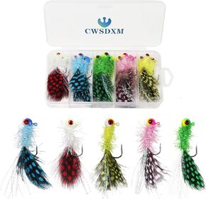 Crappie Jig Heads Kit, Lifelike Eyes Marabou Hair Jigs with Coloured Spotted Feather and Sharp Hooks for Panfish Crappie Walleye Striper Fishing 1/8 1/14 1/28 oz