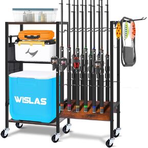 Fishing Rod Holders for Garage, Fishing Pole Holders with Wheels for 12-Rods, Fishing Rod Rack with 3 Tier Storage Organizer, Fishing Gear Equipment Organizer Cart, Fishing Gifts for Men Dad