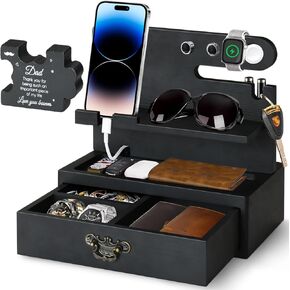Christmas Gifts for Men - Wood Phone Docking Station with Drawer - Gifts for Men Who Want Nothing - Birthday Gifts for Men, Watch Holder Stand for Men Nightstand Organizer Gifts for Husband from Wife