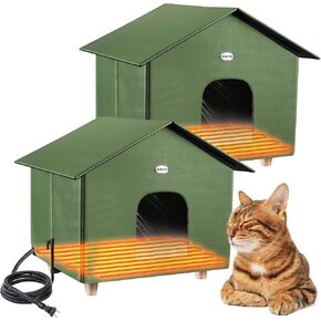 Dreyoo 2 Pack Heated Cat House Plus Size 18 x 20 x 16 Inches, Weatherproof Outdoor Cat Shelter with Heating Pad Mat, Warm Cat House with 2 Doors for Winter (Olive Green)