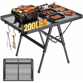 Foldable Grill Table with Mesh Desktop, 200lbs 3Ft Portable Folding Table, Height Adjustable Metal Table for Ourdoor, Camping, Picnic, BBQ and Beach, RV, 35.4" L x 23.6" W